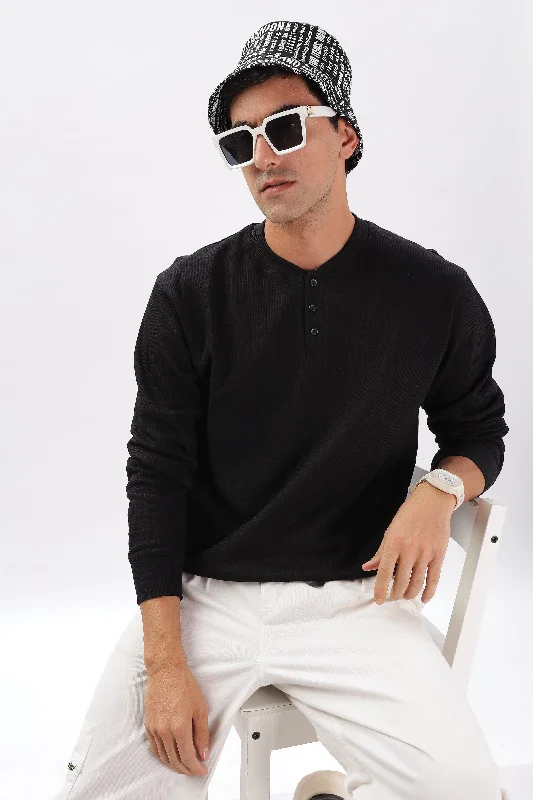 Casual Knitwear Comfortable Suits Classic Henley T-Shirt: Black