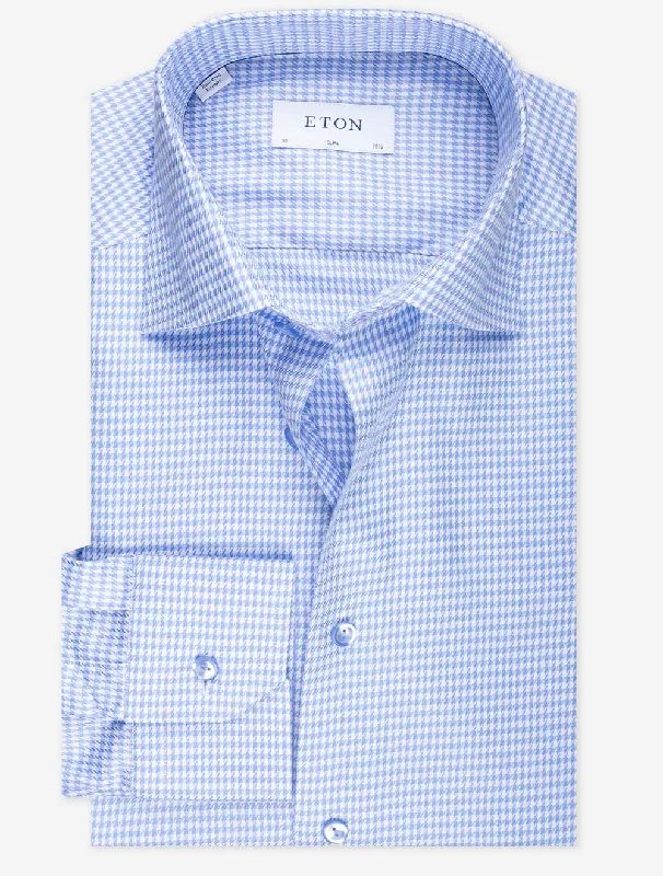 Blue Houndstooth With Lilac Buttons Slim Shirt