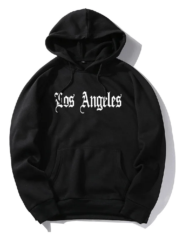Stylish Layers Functional Tops Los Angeles Print Kangaroo Pocket Hoodie