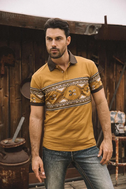 Relaxed Fits Trendy Shirts Men's Aztec Panoramic Print Camel Polo