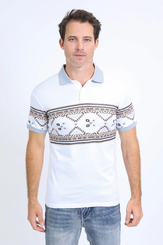 Simple Outfits Sporty Looks Men's Aztec Panoramic Print White Polo