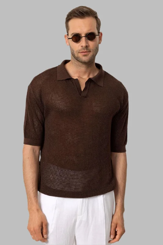 Comfortable Shirts Warm Layers Men's Brown Polo Neck Knit T-Shirt - Wessi