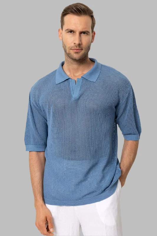 Cool Casuals Simple Jackets Men's Indigo Polo Neck Knit T-Shirt - Wessi