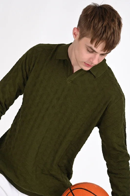 Stylish Layers Urban Pants Olive Green Knitted Polo Neck TShirt