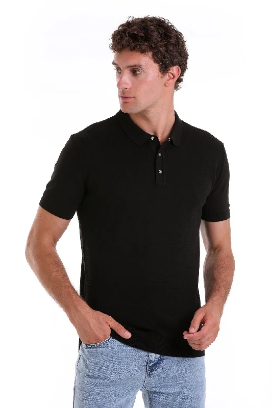 Stylish Looks Relaxed Tops Regular Fit Black Cotton Blend Jacquard Polo T-Shirt