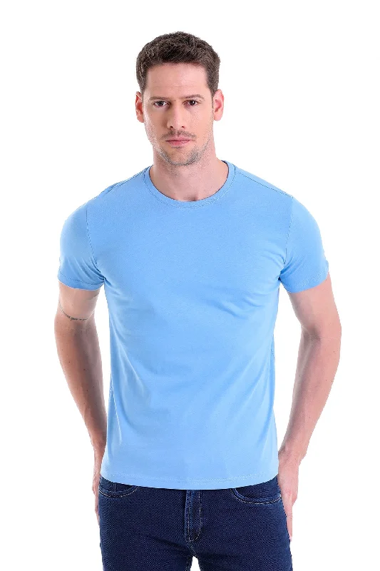 Relaxed Looks Cozy Outerwear Regular Fit Blue Basic Cotton Crew Neck T-Shirt