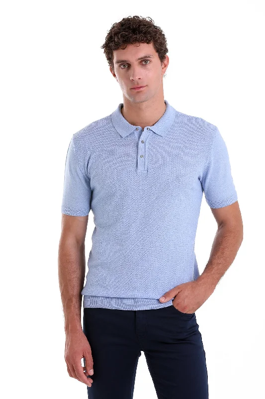 Smart Casual Wear Sleek Tops Regular Fit Cotton Blend Light Blue Jacquard Polo T-Shirt