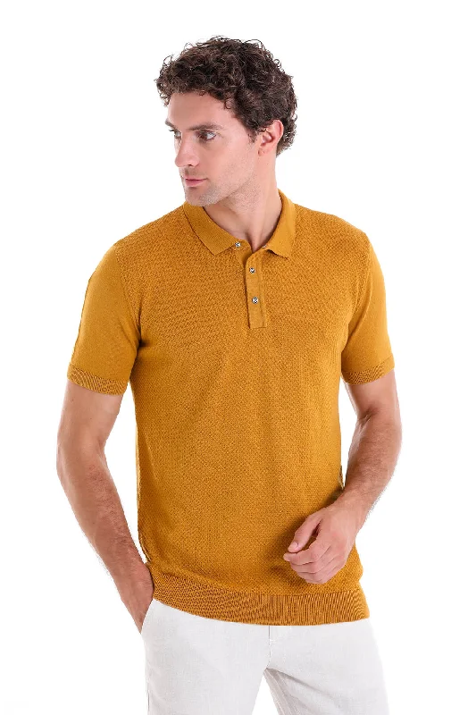 Sporty Styles Cozy Sweaters Regular Fit Cotton Blend Mustard Jacquard Polo T-Shirt