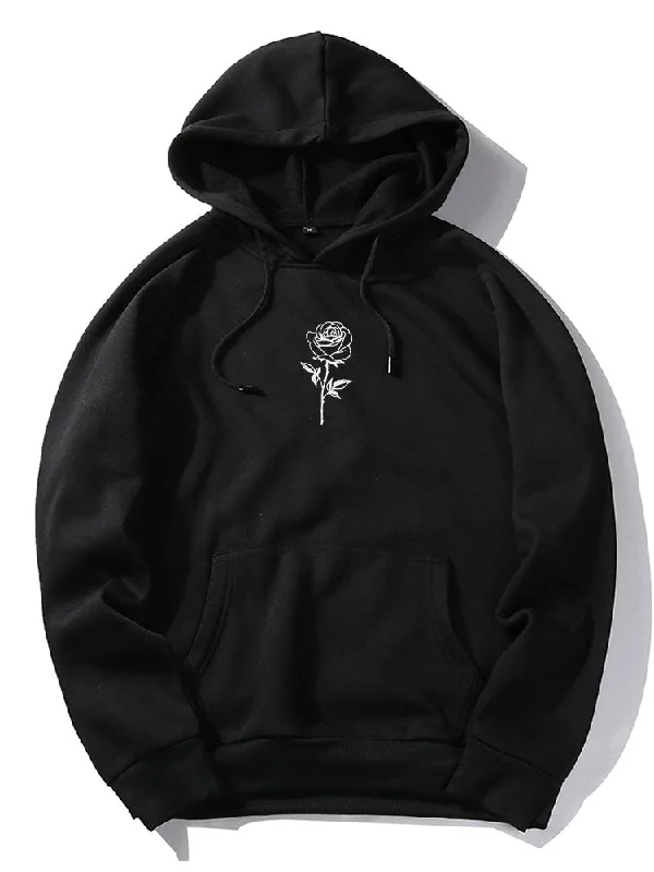 Basic Fashion Sleek Tops Rose Print Drawstring Hoodies