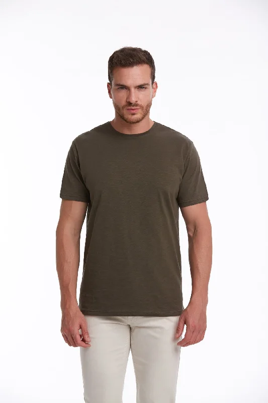 Slim Fit Basic Cotton Khaki Crew Neck T-Shirt