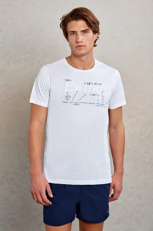 Slim Fit White 100% Cotton Printed Crew Neck T-Shirt