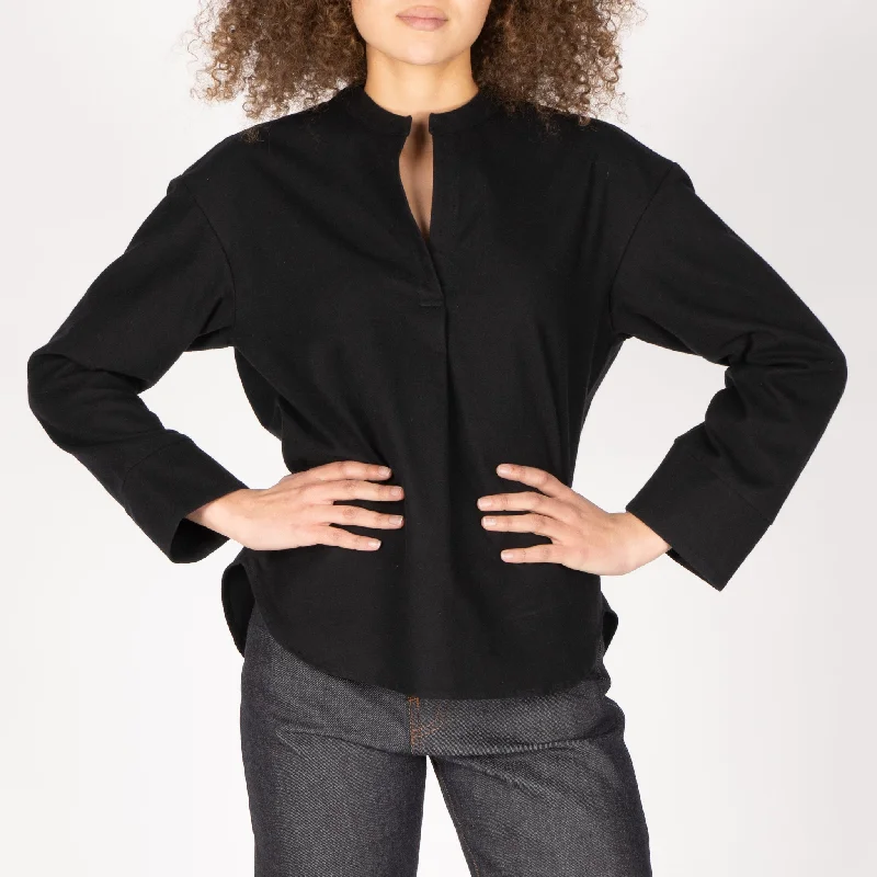 Soft Knitwear Urban Shirts Band Collar Shirt - Cotton Yarn Dyed Flannel - Black