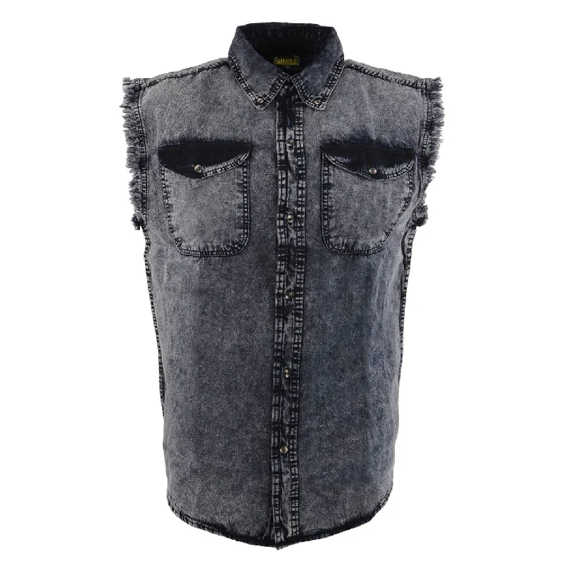 Urban Outfits Weekend Wear Milwaukee Leather MDM11678 Men’s Classic Grey Button-Down Cut Off Frayed Sleeveless Casual Shirt