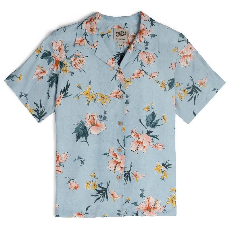 Relaxed Layers Summer Outfits Camp Collar Shirt - Silky Flowers - Pale Blue
