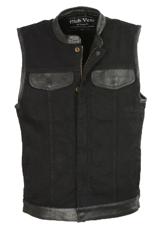 Club Vest CVM3010 Men's Black Denim Vest with Leather Trim Accents