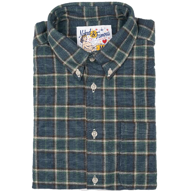 Classic Wear Trendy Hoodies Easy Shirt - Big Slub Check Flannel - Navy + Green