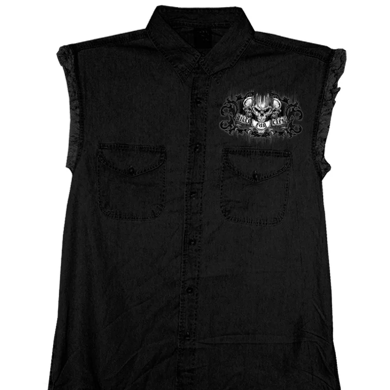 Everyday Apparel Comfortable Bottoms Hot Leathers GMD5015 Men's Black Ride or Die Skull Sleeveless Denim Button Shirt