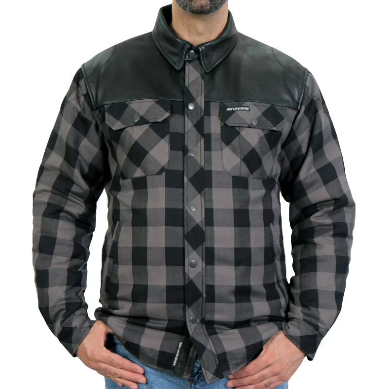 Cozy Sweatshirts Comfortable Bottoms Hot Leathers JKM3203 Men's Grey and Black Kevlar Reinforced Leather and Plaid Flannel Shirt Cozy Sweatshirts Comfortable Bottoms Hot Leathers JKM3203 Men's Grey and Black Kevlar Reinforced Leather and Plaid Flannel Shirt