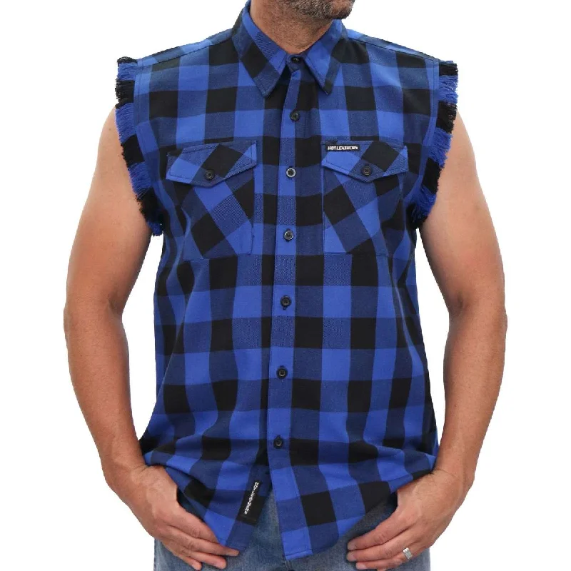 Smart Casual Wear Versatile Tops Hot Leathers FLM5208 Men's Sleeveless Fringe Blue and Black Flannel Shirt Smart Casual Wear Versatile Tops Hot Leathers FLM5208 Men's Sleeveless Fringe Blue and Black Flannel Shirt