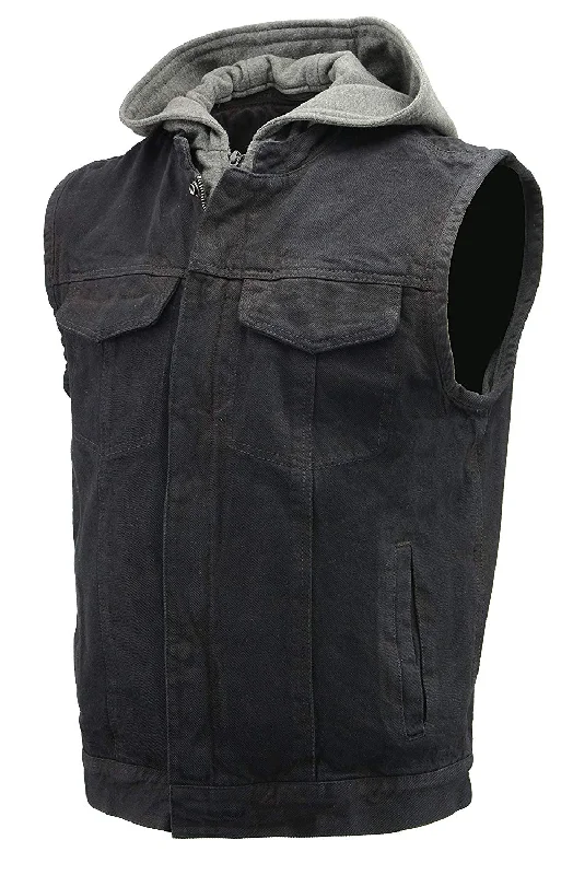 Basic Fashion Urban Tops Men’s Denim Rustic and Casual Black Jean Club Style Biker Riding Vest with Removable Hoodie BZ7200