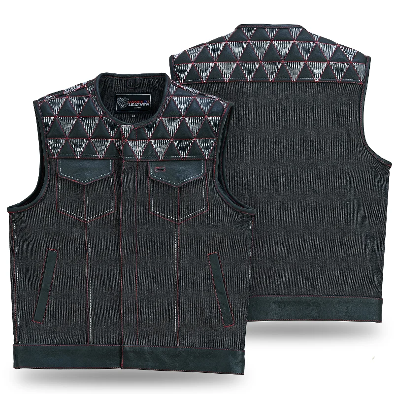 Functional Tops Casual Jackets VB927RW Men's Denim & Leather Motorcycle Vest with Conceal Carry Pockets, SOA Biker Club Vest Red & White Stitching