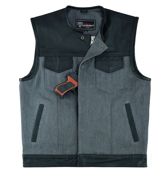 Men's Grey Denim & Leather Motorcycle Vest VB910 Gray