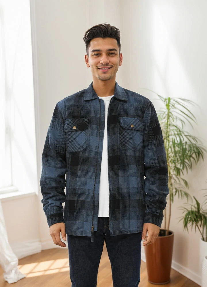Sporty Essentials Trendy Outerwear Men's Warm Sherpa Fleece Lined Full Zip Up Plaid Flannel Shirt Jacket