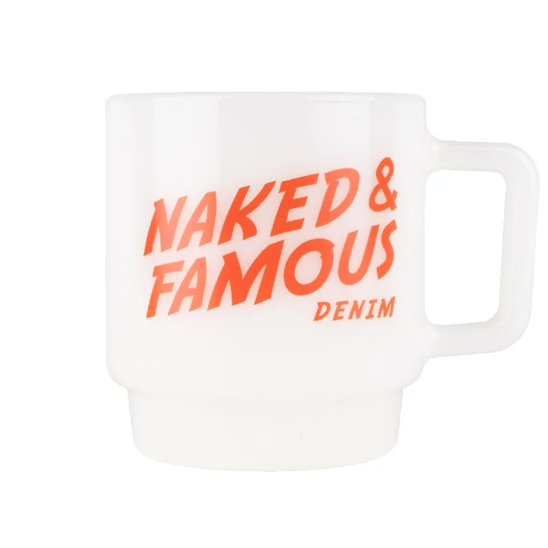 Casual Denim Smart Denim Milk Glass Stackable Mug - White with Red Logo