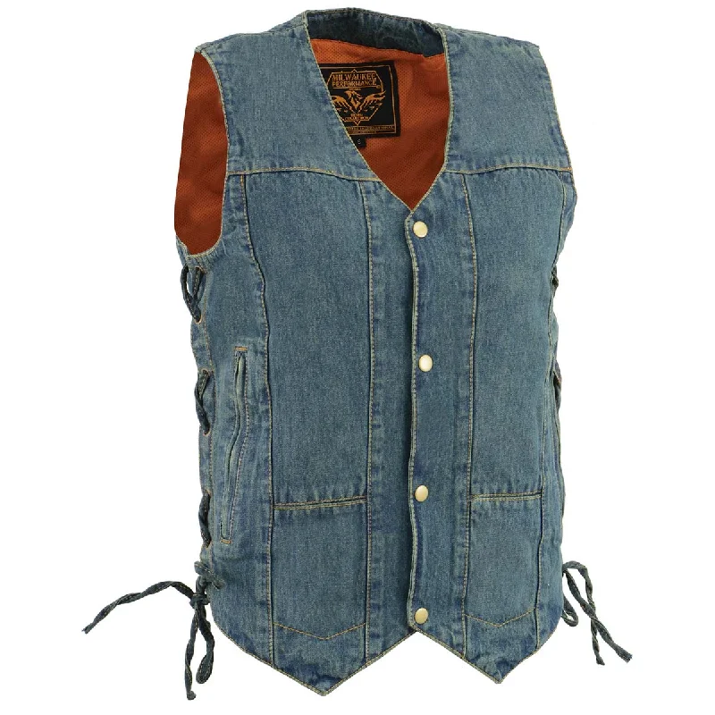 Milwaukee Leather DM1989 Men's Blue Denim '10 Pocket' Motorcycle Bikers Rider Vest with Side Laces