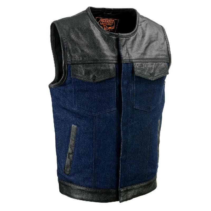 Stylish Tops Minimalist Jackets Milwaukee Leather Men's Brute Dual Closure Blue Denim and Black Leather Club Style Vest MDM3004