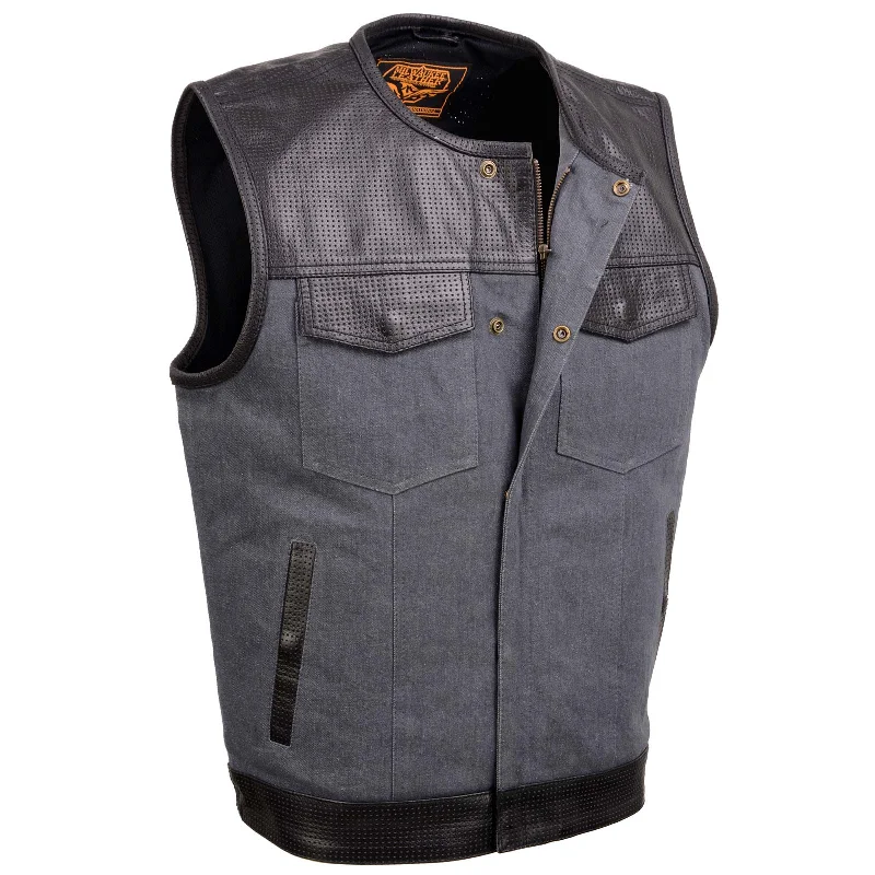 Street Fashion Functional Tops Milwaukee Leather MDM3005 Men's Brute Grey Denim w/ Black Perforated Leather Club Style Vest w/ Hidden Dual Closure
