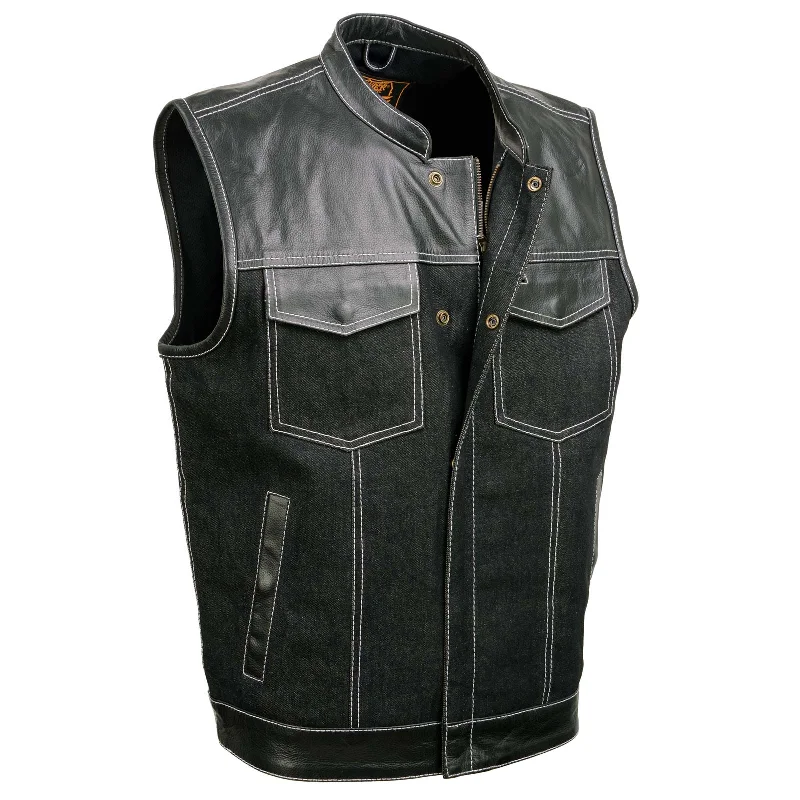 Soft Jackets Practical Outfits Milwaukee Leather MDM3006 Men's 'Brute' Black Denim and Black Leather Club Style Vest w/ Hidden Dual Closure