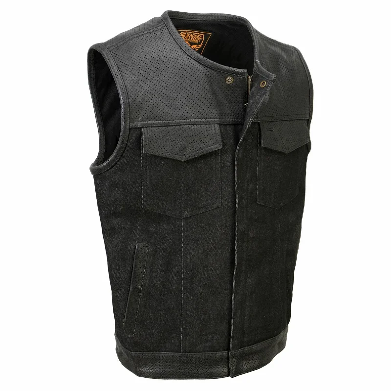 Sporty Styles Athletic Pants Milwaukee Leather MDM3008 Men's 'Brute' Black Perforated Leather and Denim Club Style Vest w/ Hidden Dual Closure