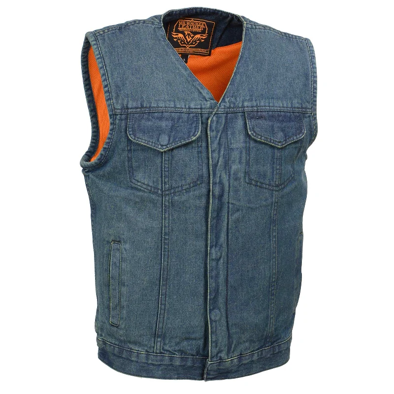 Fashion Comfort Casual Suits Milwaukee Leather MDM3012 Men's 'Brute' Concealed Snap Blue Denim V-Neck Club Style Vest w/ Hidden Zipper