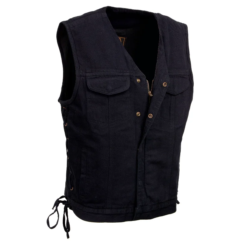 Cozy Essentials Cool Shorts Milwaukee Leather MDM3013 Men's 'Brute' Concealed Snap Black Denim V-Neck Side Lace Club Style Vest w/Hidden Zipper