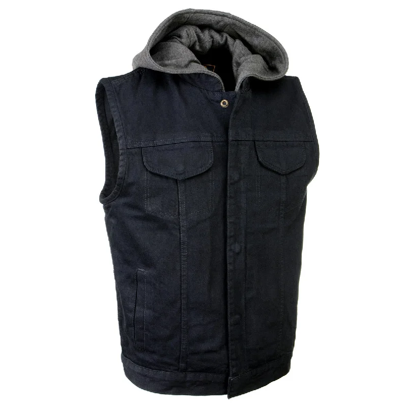 Smart Casual Wear Basic Hoodies Milwaukee Leather MDM3015 Men's 'Rustic' Black Denim Motorcycle Riding Vest with Hoodie and Quick Draw Pocket