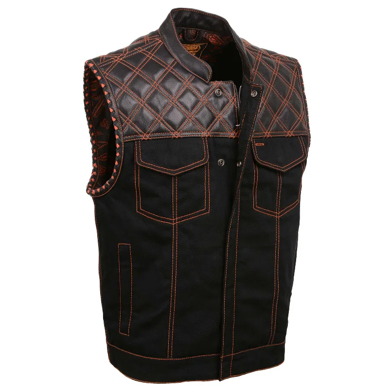Comfy Styles Stylish Hoodies Milwaukee Leather MDM3037 Men's 'Wrecker' Black Denim and Leather Club Style Vest w/ Diamond Quilt Design