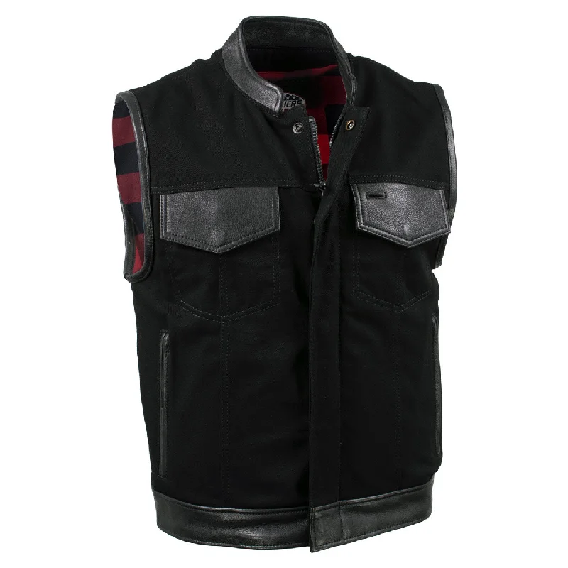 Stylish Layers Smart Sweaters Milwaukee Leather USA MADE MLVSM5101 Men's Black 'Burn Out' Denim and Leather Motorcycle Vest with Plaid Red Lining