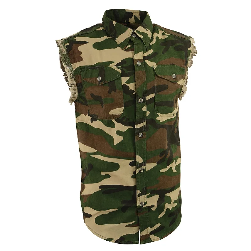 Versatile Wardrobe Comfortable Sweaters Milwaukee Leather DM4010 Men's Camo Lightweight Denim Shirt with Vintage and Frayed Sleeveless Look