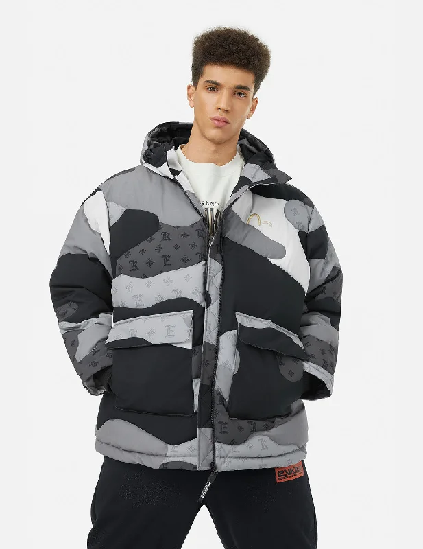Effortless Comfort Practical Hoodies Quilted Camouflage Panels and Allover Logo Print Loose Fit Down Jacket Effortless Comfort Practical Hoodies Quilted Camouflage Panels and Allover Logo Print Loose Fit Down Jacket