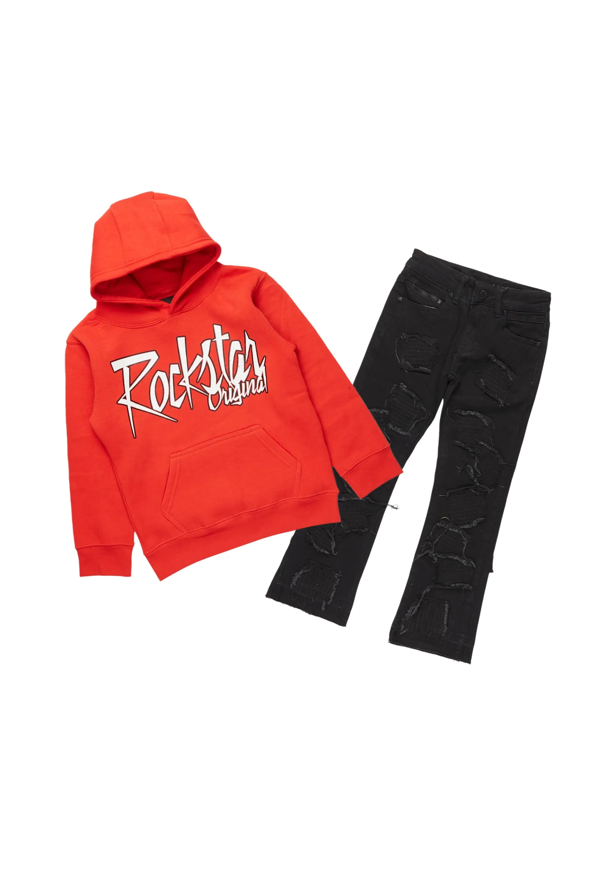 Boys Radu Red Hoodie/Stacked Flare Jean Set