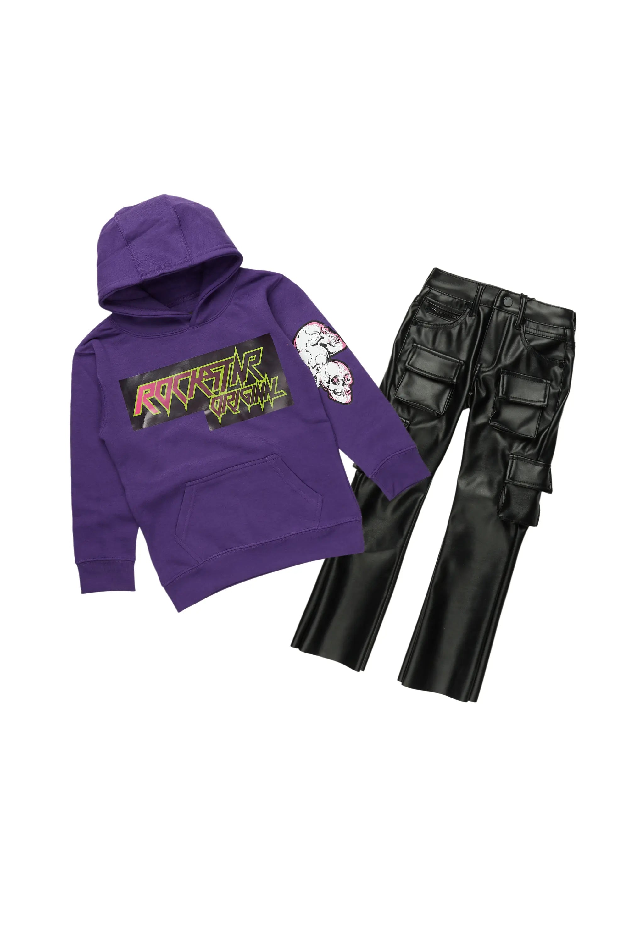 Boys Magni Purple Hoodie/Stacked Flare PU Jean Set