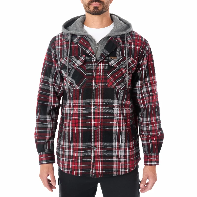 Street Casuals Active Tops SHERPA LINED HOODED FLANNEL SHIRT JACKET WITH INSET
