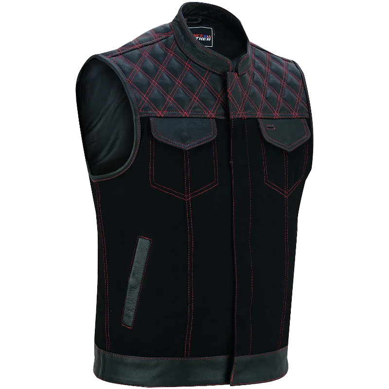 Casual Layers Bold Pants VB924RD Men's Denim & Leather Motorcycle Vest with Conceal Carry Pockets, SOA Biker Club Vest Red Stitching, Diamond Padding, Snap & Zipper Closure