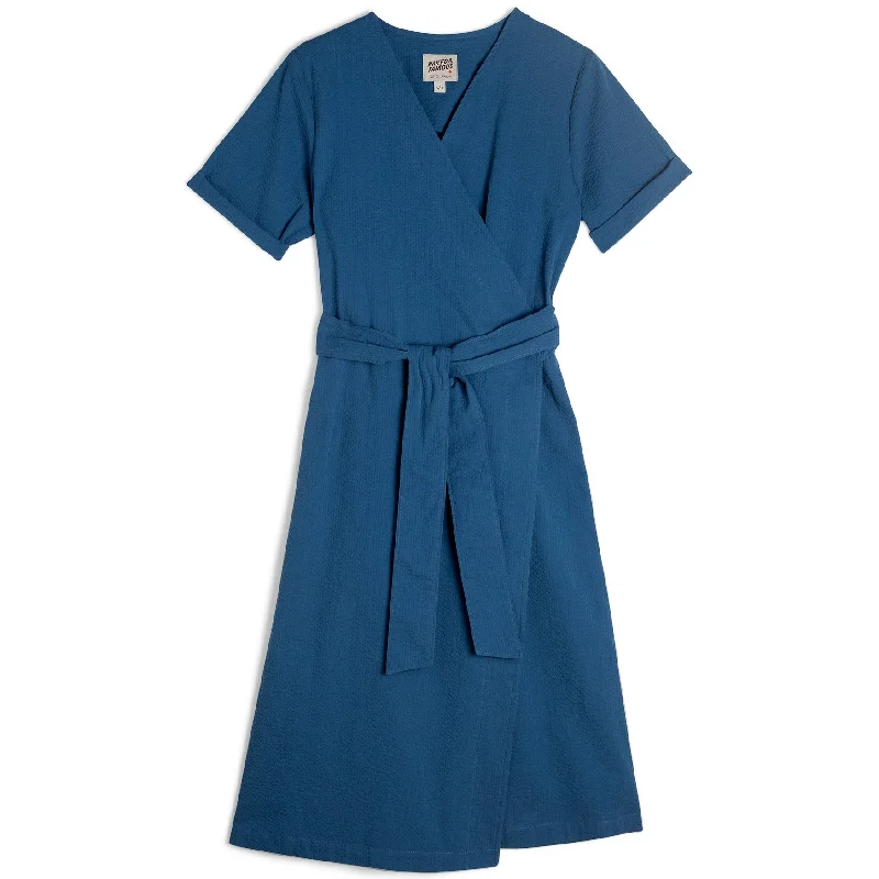 Urban Style Winter Fashion Wrap Dress - Seersucker 40s - Blue