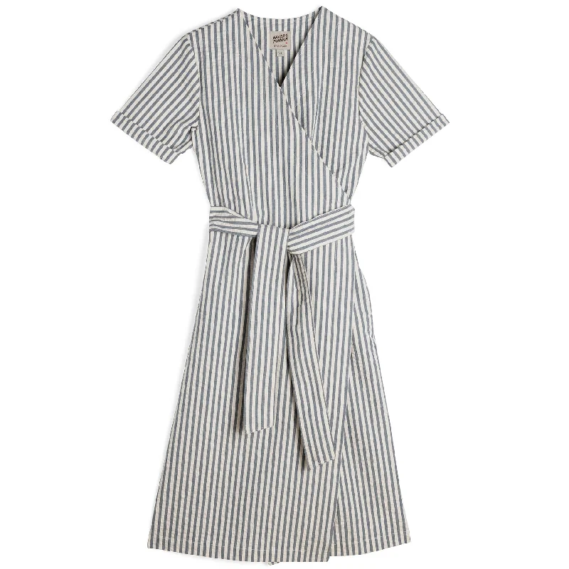 Comfy Outerwear Casual Styles Wrap Dress - Seersucker Stripe - Blue/Cream