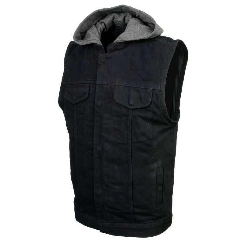 Sporty Trends Sleek Outerwear Xelement XS13050 Men's 'Rustic' Black Denim Motorcycle Riding Vest with Hoodie and Quick Draw Pocket
