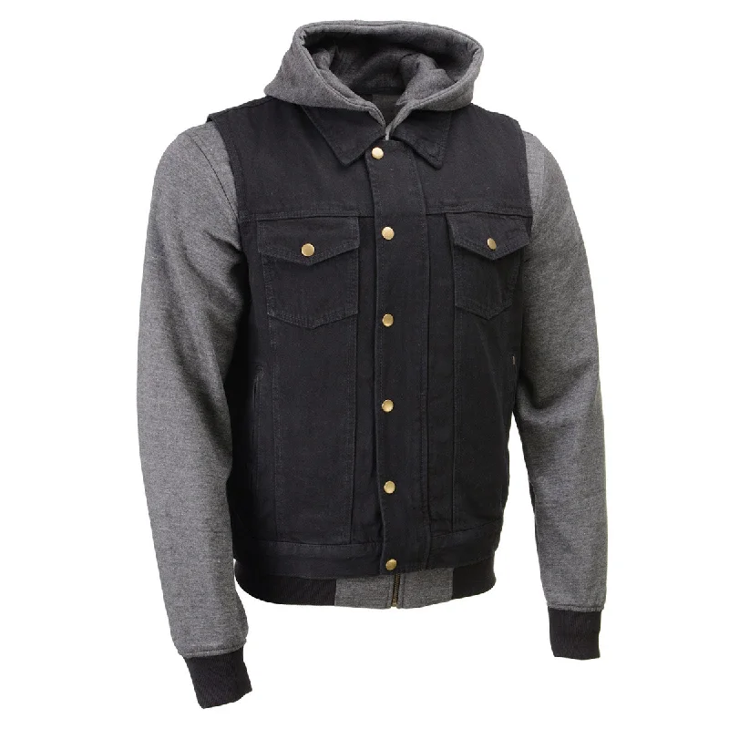 Lightweight Apparel Simple Jackets Xelement XS13051 Men's Black Denim Club Style '2-in-1' Motorcycle Vest w/ Removable Hoodie